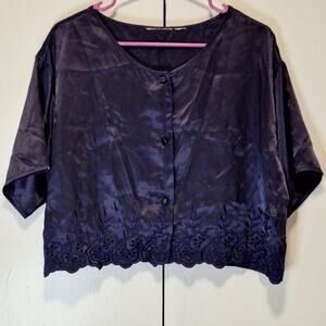 Victoria Secret Gold Label Satin Button Down Top Short Sleeve Navy Indigo